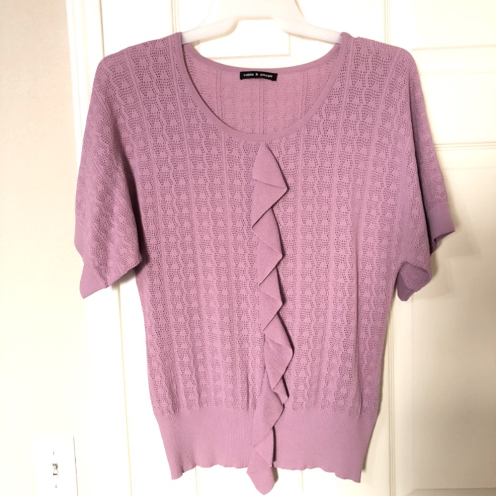✨Cable & Gauge  Lavender Open Knit Ruffle Sweater Top Dolman  Sleeve